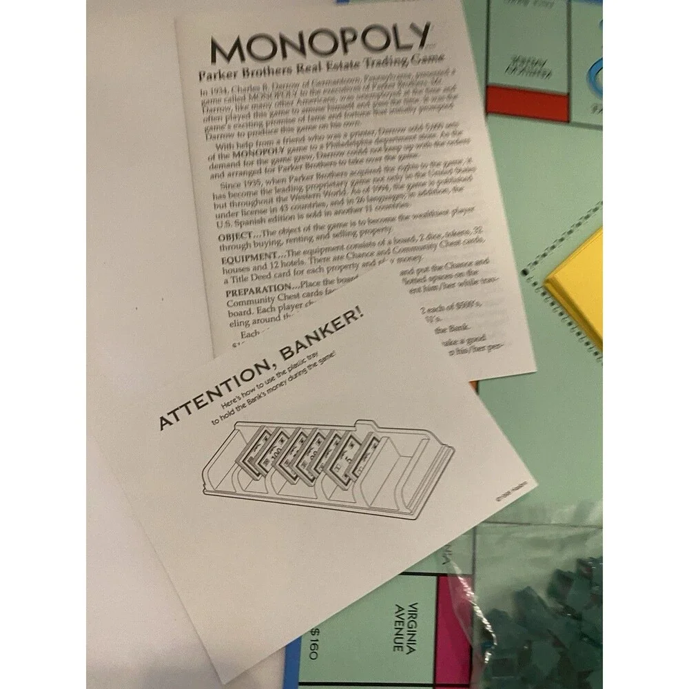 1998 Monopoly Board Game Parker Brothers w/ New Moneybag token Some Parts Unused